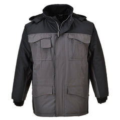 Grey Portwest RS Parka Jacket. Jacket has a hood, multi pockets on the lower, the chest and white contrast stitching. Jacket has a black contrast on the top of the arms and shoulders.