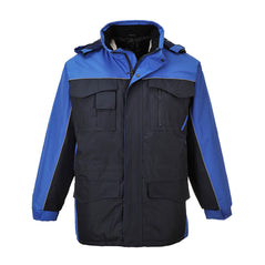 Navy Portwest RS Parka Jacket. Jacket has a hood, multi pockets on the lower, the chest and white contrast stitching. Jacket has a Royal Blue contrast on the top of the arms and shoulders.