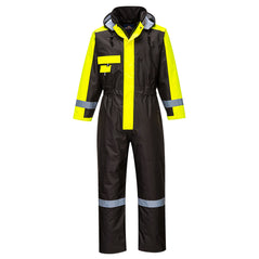 Black Portwest Winter Coverall, Coverall has yellow contrast on the middle, shoulders and arms. Coverall ahs a visible hood and hi vis bands on the wrists and ankles. Coverall also has kneepad pockets.