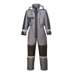 Grey Portwest Winter Coverall, Coverall has darker grey contrast on the middle, shoulders and arms. Coverall has a visible hood and hi vis bands on the wrists and ankles. Coverall also has black knee pad pockets. 