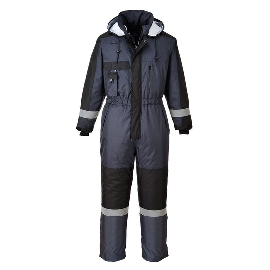 Navy Portwest Winter Coverall, Coverall has Black contrast on the middle, shoulders and arms. Coverall has a visible hood and hi vis bands on the wrists and ankles. Coverall also has black knee pad pockets.