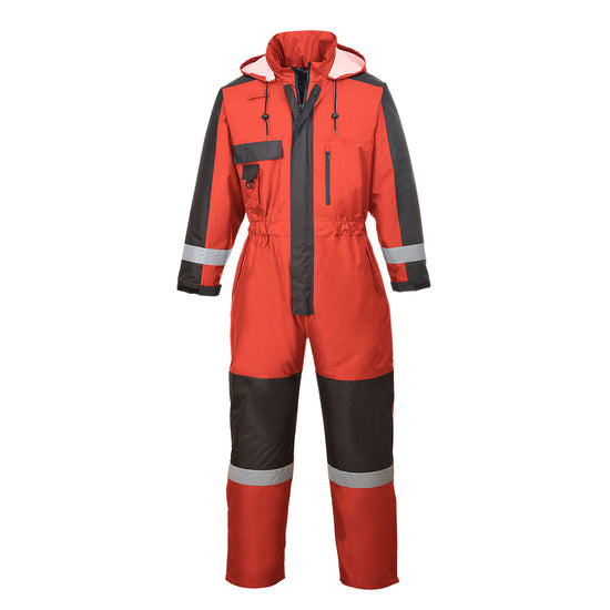 Red Portwest Winter Coverall, Coverall has Black contrast on the middle, shoulders and arms. Coverall has a visible hood and hi vis bands on the wrists and ankles. Coverall also has black knee pad pockets.