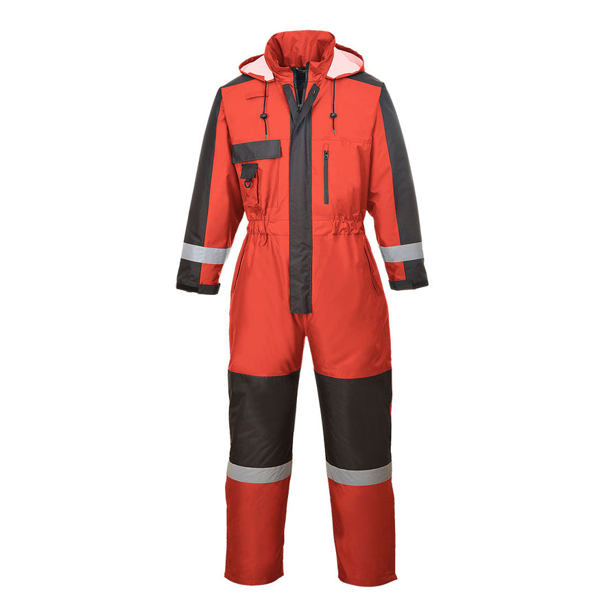 Red Portwest Winter Coverall, Coverall has Black contrast on the middle, shoulders and arms. Coverall has a visible hood and hi vis bands on the wrists and ankles. Coverall also has black knee pad pockets.