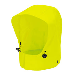 Yellow Portwest Extreme Hood with hook and loop fastening around neck and black adjustable toggle on each side.