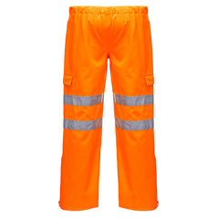 Orange extreme waterproof trouser with hi vis knee bands and side pockets. Elasticated waistband for tighten