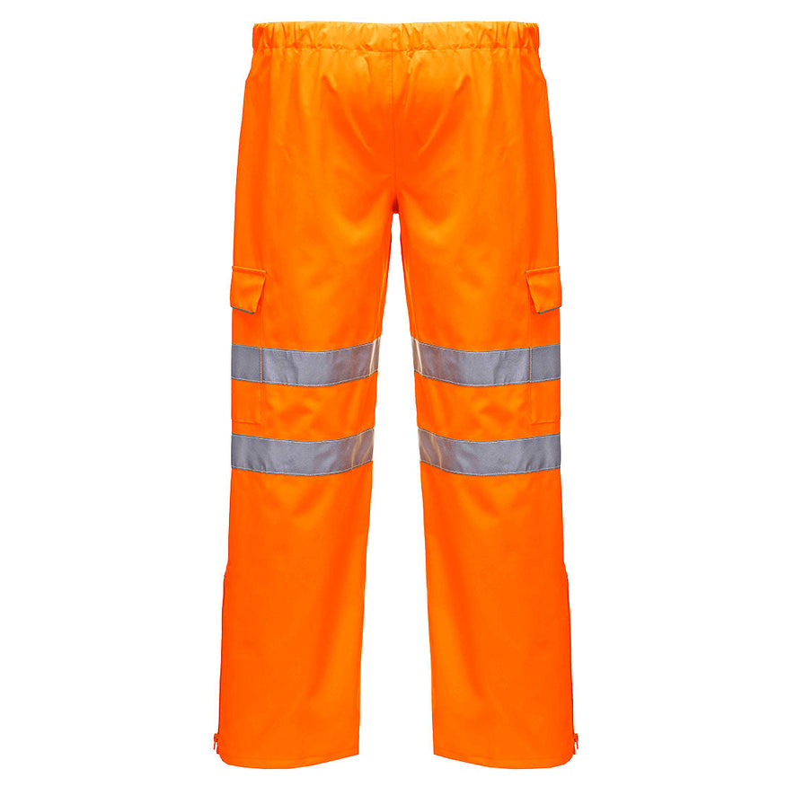 Orange extreme waterproof trouser with hi vis knee bands and side pockets. Elasticated waistband for tighten
