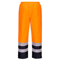 Back of Portwest Hi-Vis Winter Trousers in orange with elasticated waist and navy panel on lower leg as well as two reflective strips. 