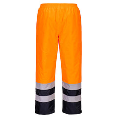 Back of Portwest Hi-Vis Winter Trousers in orange with elasticated waist and navy panel on lower leg as well as two reflective strips.