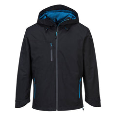 Black Portwest X3 Softshell jacket. Jacket has full zip fasten, zip fasten pockets and a visable hood. Jacket has blue contrast on the zip area and hood inner.