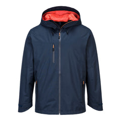 Navy Portwest X3 Softshell jacket. Jacket has full zip fasten, zip fasten pockets and a visable hood. Jacket has orange contrast on the zip area and hood inner.