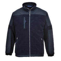 Navy Portwest north sea fleece jacket. Jacket has zip pockets on the chest and bottem of jacket. Jacket has different texture on the shoulders and arms. Jacket is also zip fasten.