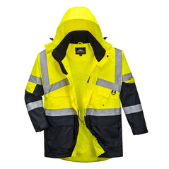 Yellow and navy two tone hi vis breathable jacket with two waist bands and shoulder bands. Zip fasten with waist pockets, a chest pocket d ring loop and visible hood. Jacket has navy contrast on the bottom of the jacket and arms.