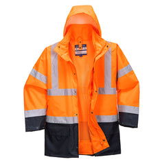 Orange five in one essential hi vis contrast jacket. Jacket has navy contrast on the bottom of the jacket and arms and visible hood.