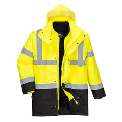 Yellow five in one essential hi vis contrast jacket. Jacket has black contrast on the bottom of the jacket and arms and visible hood.