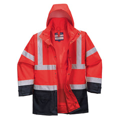 Red Hi vis executive five in one jacket with two waist bands and shoulder bands. Zip and Pop button fasten with waist pockets and visible hood. Jacket has navy contrast on the bottom of the jacket and arms.
