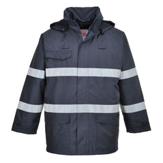 Navy Bizflame anti static jacket with hi-vis strips on arm and shoulders and chest. Has lower pockets and two pen loops.