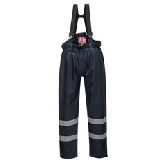 Hi vis rain flame retardant multi protection trousers with shoulder braces and hi vis bands on the lower legs.