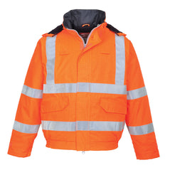 Hi Vis Rain antistatic flame resistant bomber jacket in orange with hi vis waistbands, Arm bands and shoulder straps. Waist pockets and zip fasten.
