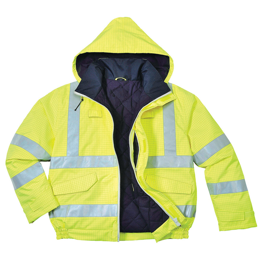 Hi Vis Rain antistatic flame resistant bomber jacket in Yellow with hi vis waistbands, Arm bands and shoulder straps. Waist pockets and zip fasten. Visible hood.