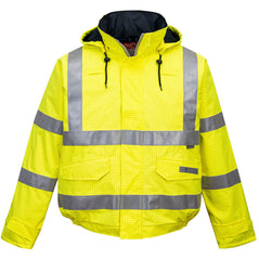 Hi Vis Rain antistatic flame resistant bomber jacket in Yellow with hi vis waistbands, Arm bands and shoulder straps. Waist pockets and zip fasten.