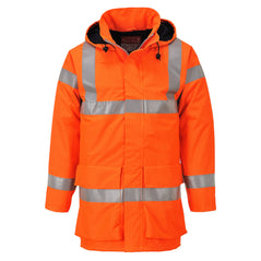 Hi Vis Bizflame multi lite flame resistant jacket in Orange with hi vis waistbands, Arm bands and shoulder straps. Waist pockets and zip fasten. Visible hood.