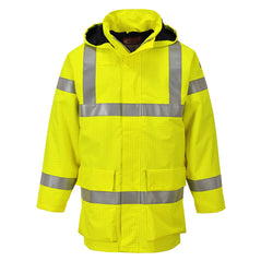 Hi Vis Bizflame multi lite flame resistant jacket in Yellow with hi vis waistbands, Arm bands and shoulder straps. Waist pockets and zip fasten. Visible hood.