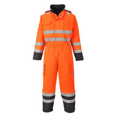 Hi Vis Rain Multi protection flame resistant coverall in Orange with Navy accents on the bottom of the legs and sleeve. Coverall has hi vis waistbands, Arm bands, ankle bands, and shoulder straps. Leg pockets, Chest pocket and zip fasten. Visible hood.