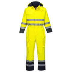 Hi Vis Rain Multi protection flame resistant coverall in Yellow with Navy accents on the bottom of the legs and sleeve. Coverall has hi vis waistbands, Arm bands, ankle bands, and shoulder straps. Leg pockets, Chest pocket and zip fasten. Visible hood.