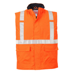 Hi Vis Rain antistatic flame resistant bodywarmer in orange with a hi vis waistband and shoulder straps. Waist pockets and zip fasten.