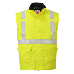Hi Vis Rain antistatic flame resistant bodywarmer in yellow with a hi vis waistband and shoulder straps. Waist pockets and zip fasten.