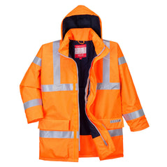 Hi Vis Rain antistatic flame resistant jacket in Orange with hi vis waistbands, Arm bands and shoulder straps. Waist pockets and zip fasten. Visible hood.