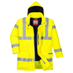 Hi Vis Rain antistatic flame resistant jacket in Yellow with hi vis waistbands, Arm bands and shoulder straps. Waist pockets and zip fasten. Visible hood.