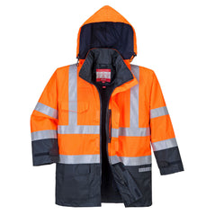Hi Vis Rain Multi protection flame resistant jacket in Orange with Navy accents on the bottom of the jacket and sleeve. Jacket has hi vis waistbands, Arm bands and shoulder straps. waist pockets, Chest pocket and zip fasten. Visible hood.