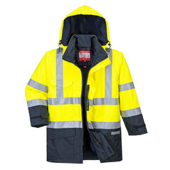 Hi Vis Rain Multi protection flame resistant jacket in Yellow with Navy accents on the bottom of the jacket and sleeve. Jacket has hi vis waistbands, Arm bands and shoulder straps. waist pockets, Chest pocket and zip fasten. Visible hood.
