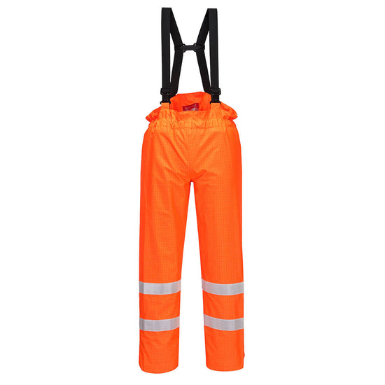 Hi vis Orange rain Multi Protection flame retardant multi protection trousers. trousers have shoulder braces and hi vis bands on the lower legs.