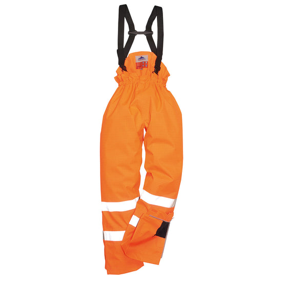 Hi vis Orange rain Multi Protection flame retardant multi protection trousers. trousers have shoulder braces and hi vis bands on the lower legs.