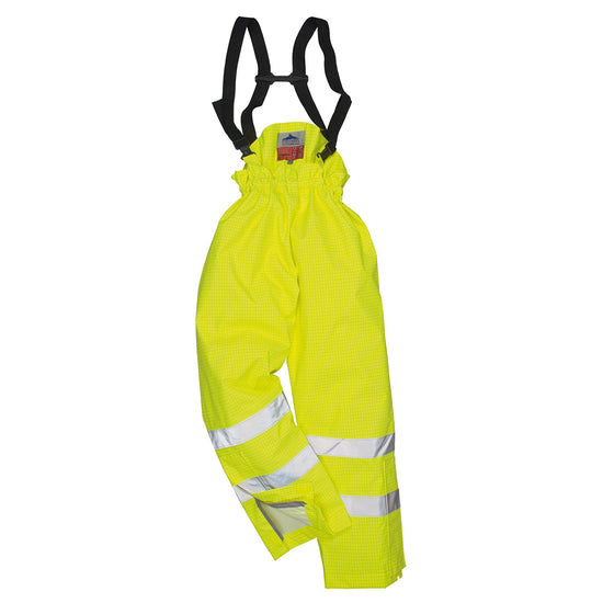 Hi vis Yellow rain Multi Protection flame retardant multi protection trousers. trousers have shoulder braces and hi vis bands on the lower legs.