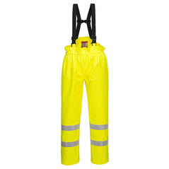 Hi vis Yellow rain Multi Protection flame retardant multi protection trousers. trousers have shoulder braces and hi vis bands on the lower legs.