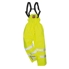 Hi vis Yellow rain Multi Protection flame retardant multi protection trousers. trousers have shoulder braces and hi vis bands on the lower legs.