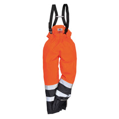Hi vis Orange rain Multi Protection flame retardant multi protection trousers with navy accents on the bottom of the trouser. trousers have shoulder braces and hi vis bands on the lower legs.
