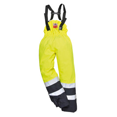 Hi vis Yellow rain Multi Protection flame retardant multi protection trousers with navy accents on the bottom of the trouser. trousers have shoulder braces and hi vis bands on the lower legs.