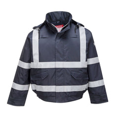 Navy Bizflame anti static bomber jacket with hi-vis strips on arm and shoulders and chest. Has lower pockets and two pen loops.