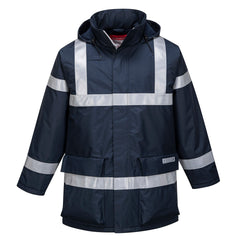 Navy Bizflame rain anti static jacket with hi-vis strips on arm and shoulders and chest. Has lower pockets and a hood.
