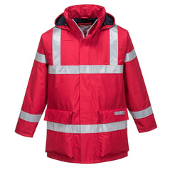 Red Bizflame rain anti static jacket with hi-vis strips on arm and shoulders and chest. Has lower pockets and a hood.