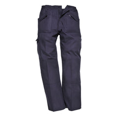Navy classic action trousers with zip fasten side pockets and a temple finish.