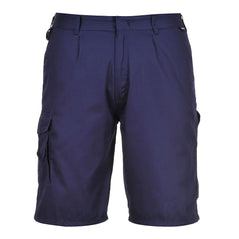 Navy combat shorts with side pockets and loop on the belt area.