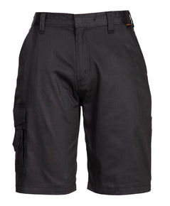 Portwest Women's Combat Shorts in black with belt loops on waistband, pockets on hips and pockets on side of leg. Button and zip fastening.