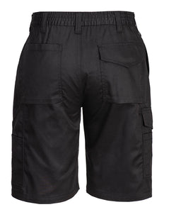Back of Portwest Women's Combat Shorts in black with belt loops on waistband, pockets on back and pockets on side of leg.