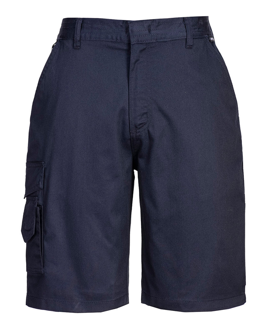 Portwest Women's Combat Shorts in navy with belt loops on waistband, pockets on hips and pockets on side of leg. Button and zip fastening. 