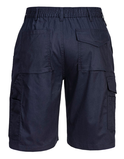 Back of Portwest Women's Combat Shorts in navy with belt loops on waistband, pockets on back and pockets on side of leg.